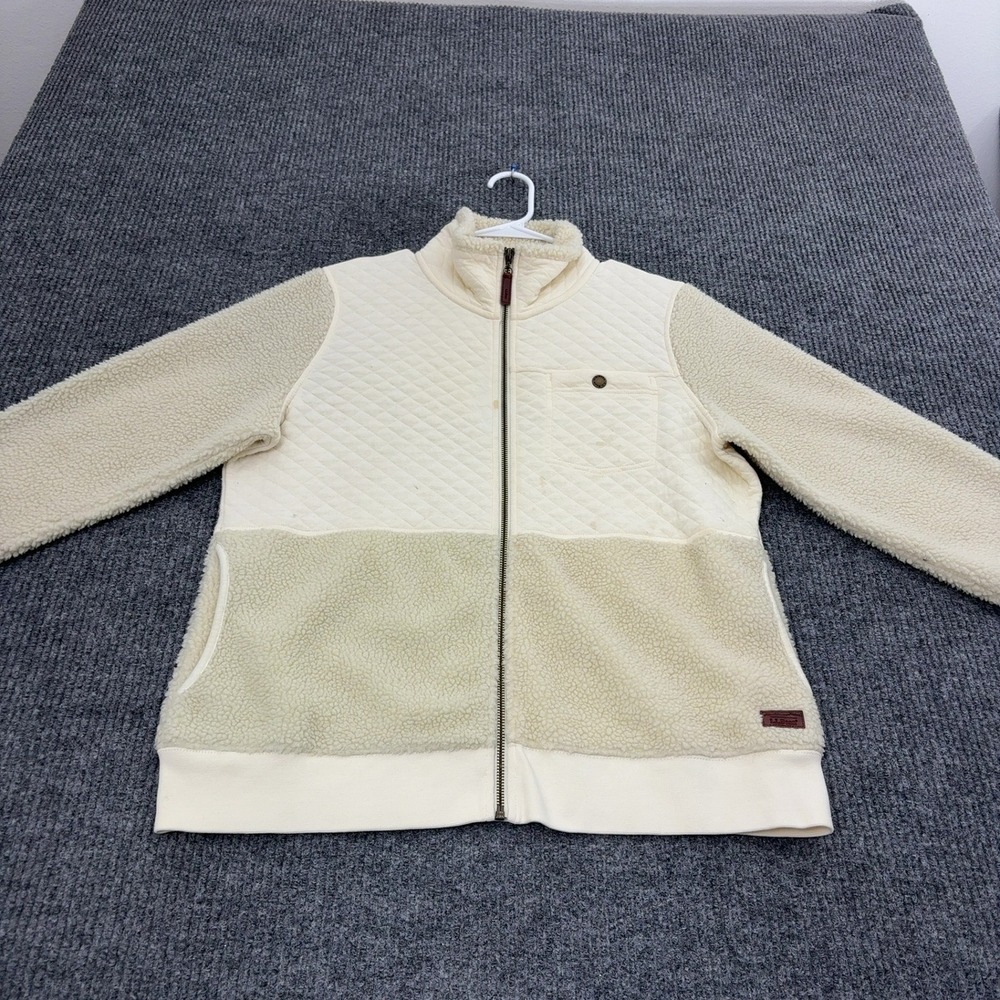 LL Bean Fleece Jacket Womens M Ivory Cotton Blend Quilted Sherpa Mock Neck Cozy
